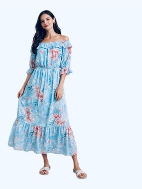 Willow Drive Blue Floral Off Shoulder Maxi Dress Size M Ruffle Boho